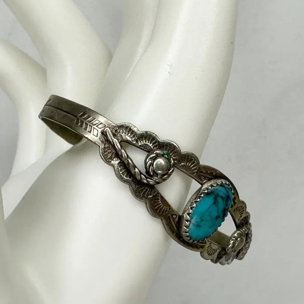 Vintage Bell Trading Post Nickel Silver Faux Turquoise Child Cuff Bracelet ✨